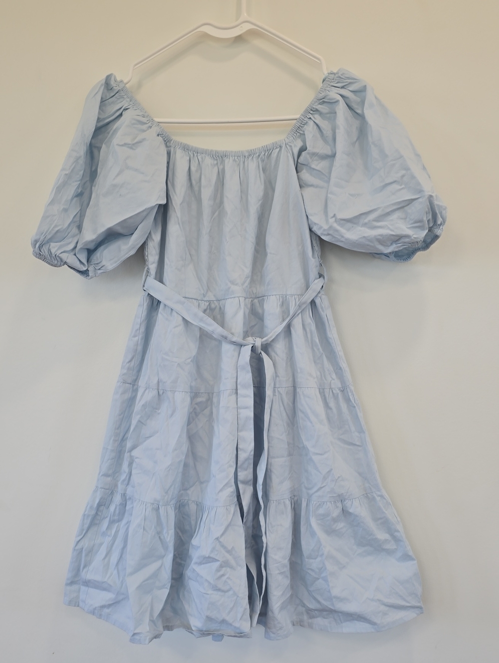 Sky Blue Puff Sleeve Tiered Midi Dress with Waist Tie